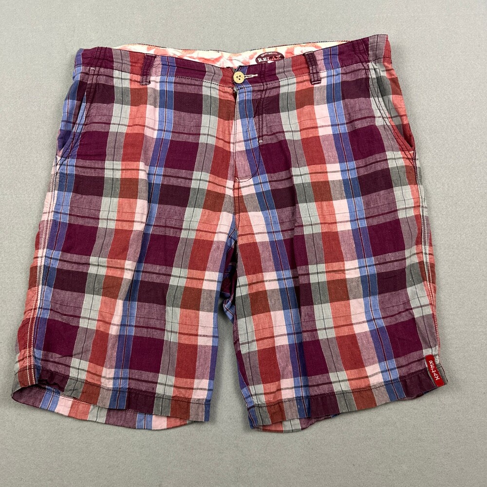 Tommy Bahama Shorts Men 36 Red Plaid Flat Front Chino 100% Linen Pockets